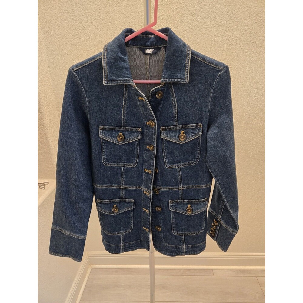 Lands' End Safari Field Size XS 2-4 Denim Jacket Dark Wash 4 Flap Pocket Women